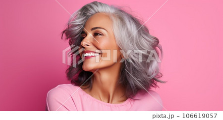 Smiling beautiful Caucasian woman on pink background. Smiling beautiful Caucasian woman on pink background. 106619057