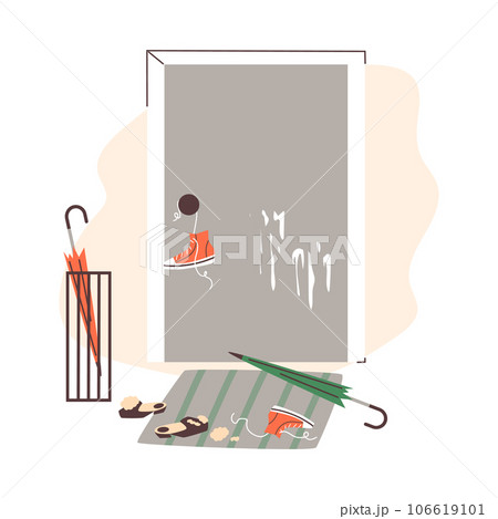 Scattered shoes and scratched front door flat style, vector illustration 106619101