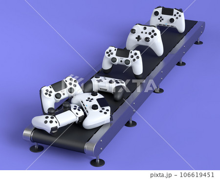 Set of gamer joysticks or gamepads on factory line on violet background Set of gamer joysticks or gamepads on factory line on violet background 106619451