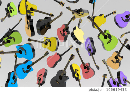 Many of flying acoustic guitars isolated on white background. 106619458
