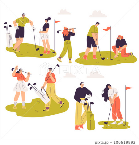 People Characters Golf Playing Training with Golf Clubs on Green Grass Vector Illustration Set 106619992