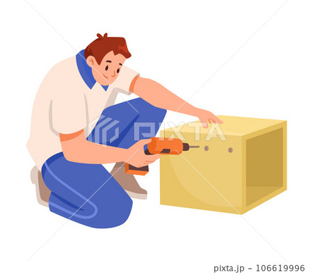 Furniture Assembly with Man Assembling and Fixing Wooden Item with Drill Vector Illustration Furniture Assembly with Man Assembling and Fixing Wooden Item with Drill Vector Illustration 106619996