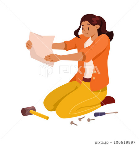 Furniture Assembly with Woman Assembling and Fixing Sitting on Floor Study Instruction Vector Illustration Furniture Assembly with Woman Assembling and Fixing Sitting on Floor Study Instruction Vector Illustration 106619997