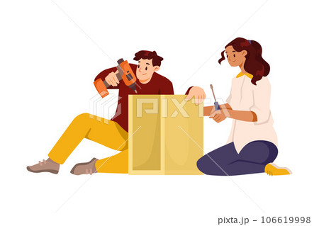 Furniture Assembly with Man and Woman Assembling and Fixing Wooden Item Sitting on Floor Vector Illustration Furniture Assembly with Man and Woman Assembling and Fixing Wooden Item Sitting on Floor Vector Illustration 106619998