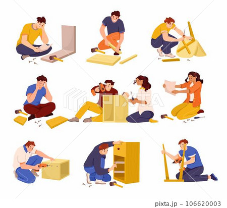 Furniture Assembly with Man and Woman Assembling and Fixing Wooden Chair and Cupboard Vector Set Furniture Assembly with Man and Woman Assembling and Fixing Wooden Chair and Cupboard Vector Set 106620003
