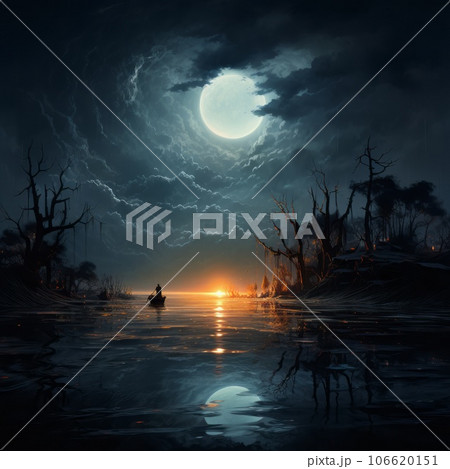 Scary forest with full moon. Halloween background and wallpaper. Spooky dark forest with a cloudy sky and a big full moon in the background. Mysterious night Halloween forest with moonlight and clouds 106620151