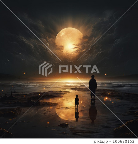 Father and son standing on the shore of a sea with a big yellow full moon on the background at night. Man and boy standing on ocean shore in the dark with a cloudy sky and a golden moon in the sky. 106620152