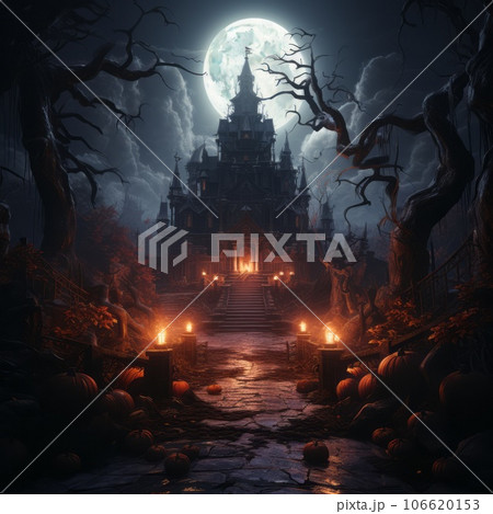 Haunted house on the background of a full moon at deep foggy night with moonlight. Halloween background with bats flying in old forest in the night sky and full moon. 106620153