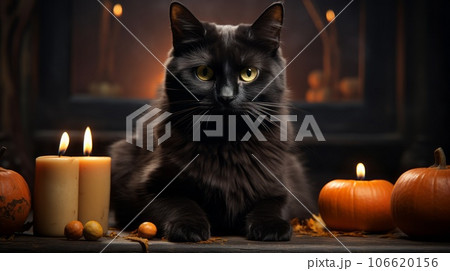 Black cat sitting surrounded by Halloween pumpkins with smiling scary faces and candles. Beautiful Halloween black cat sitting on a dark background with Halloween pumpkins in a spooky environment. 106620156