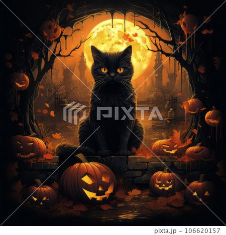Black cat sitting on a dark background surrounded by Halloween pumpkins with smiling scary faces. Beautiful Halloween black cat sitting with orange Halloween pumpkins in a spooky dark environment. 106620157