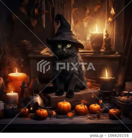 Black cat in a witch hat sitting surrounded by candles and Halloween pumpkins with smiling scary faces. Beautiful black cat in a hat sitting on a dark background with Halloween pumpkins. AI generated. 106620158