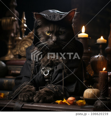 Black cat in a black cloak sitting surrounded by candles and glass jars and flasks . Beautiful black cat sitting sitting in a room on a dark background with Halloween pumpkins. AI generated. 106620159
