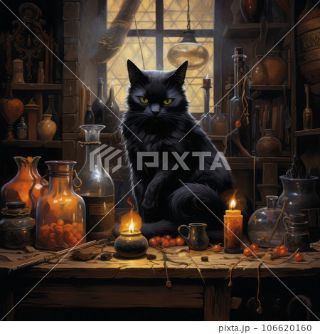 Black cat in sitting surrounded by candles and glass jars and flasks . Beautiful black cat sitting sitting in a room on a dark background with Halloween pumpkins. AI generated. 106620160