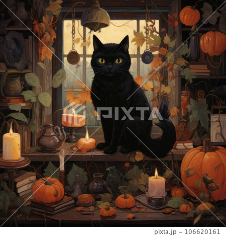 Black cat sitting surrounded by Halloween pumpkins with smiling scary faces and candles. Beautiful Halloween black cat sitting on a dark background with Halloween pumpkins in a spooky environment. 106620161