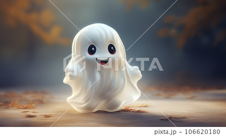 Cute little white ghost with small eyes smiling and looking forward. Small happy Halloween ghost flying with a small smile. Illustration of a cute white ghost on a light blurred background with fog. 106620180