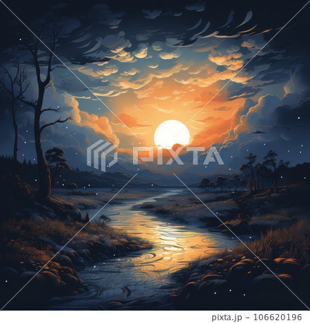 Scary forest with full moon. Halloween background and wallpaper. Spooky dark forest with a cloudy sky and a big full moon in the background. Mysterious night Halloween forest with moonlight and clouds 106620196