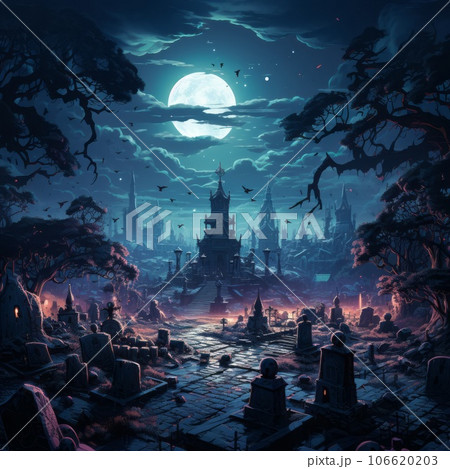 Graveyard on the background of a full moon and a castle at a deep foggy night with a cloudy sky. Halloween background wallpaper with a cemetery in a dark spooky forest with a full moon in the sky. Graveyard on the background of a full moon and a castle at a deep foggy night with a cloudy sky. Halloween background wallpaper with a cemetery in a dark spooky forest with a full moon in the sky. 106620203
