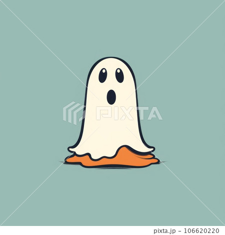 Cute little white ghost with small eyes and an open mouth looking forward. Small happy Halloween ghost flying with an open mouth. Illustration of a cute white ghost on a blue background. Clip art. 106620220