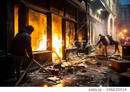 Pogroms and riots in night city. People smash shop windows with firebombs Pogroms and riots in night city. People smash shop windows with firebombs 106620414