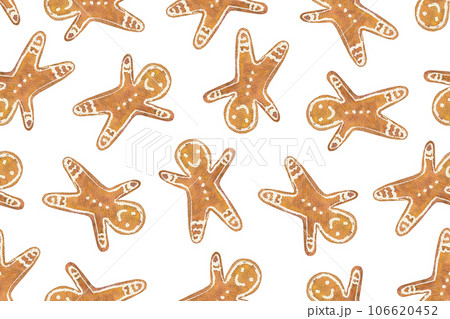 Cute watercolor Christmas pattern with gingerbread man cookies. Bright watercolour ginger cookie texture for New Year textile, holiday decor design, wrapping paper 106620452