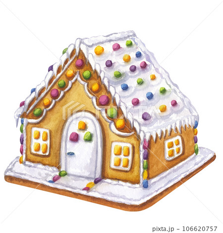 Gingerbread house, Christmas New Year's sweets decor. Cookies house, candy, white icing. Hand drawn watercolor illustration isolated transparent background. For greeting cards design Gingerbread house, Christmas New Year's sweets decor. Cookies house, candy, white icing. Hand drawn watercolor illustration isolated transparent background. For greeting cards design 106620757