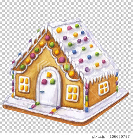 Gingerbread house, Christmas New Year's sweets decor. Cookies house, candy, white icing. Hand drawn watercolor illustration isolated transparent background. For greeting cards design Gingerbread house, Christmas New Year's sweets decor. Cookies house, candy, white icing. Hand drawn watercolor illustration isolated transparent background. For greeting cards design 106620757