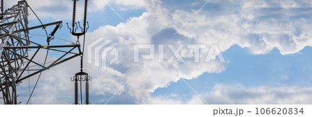 A panoramic view of elenctic insulators in a high-voltage line. 106620834