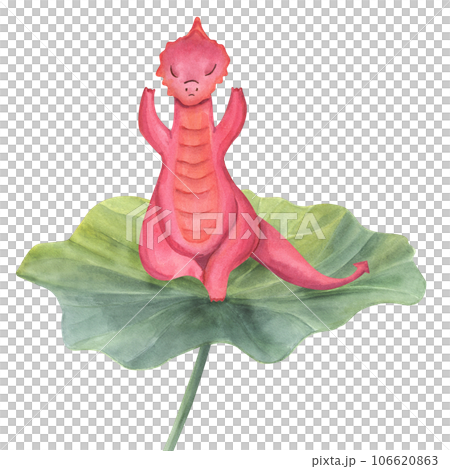 Red dragon meditating on lotus leaf. Animal practicing yoga exercises. Realistic water lily leaves and cartoon dragon. Watercolor illustration for spa and yoga centers 106620863