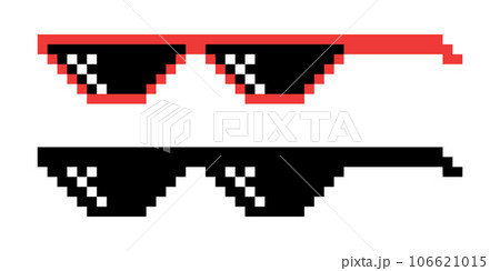 Vector Pixel Boss Glasses Icon Set in 8 bit Retro Style. Summer Meme Game Thug Design, Mafia Gangster Funky Sunglasses. Rap Music Design Element 106621015