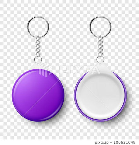 Vector Realistic Blank Purple Round Keychain with Ring and Chain for Key Isolated. Button Badge with Rin, Plastic or Metal ID Badge with Chains Key Holder, Design Template, Mockup. Front View Vector Realistic Blank Purple Round Keychain with Ring and Chain for Key Isolated. Button Badge with Rin, Plastic or Metal ID Badge with Chains Key Holder, Design Template, Mockup. Front View 106621049