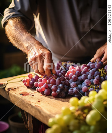 Man sorts grapes on the table for the vine. Generative AI 106621143