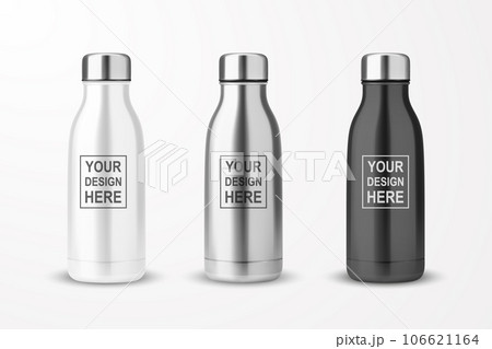 Vector Realistic 3d White, Silver and Black Empty Glossy Metal Reusable Water Bottle with Silver Bung Set Closeup Isolated on White Background. Design template of Packaging Mockup. Front View 106621164