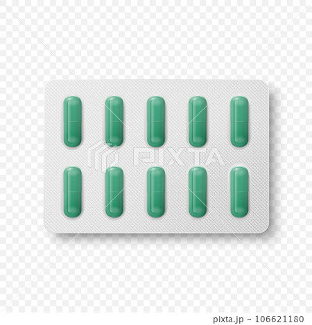 Vector Realistic Pharmaceutical Medical Green Pills, Vitamins, Capsule in Blister Closeup Isolated. Pills in Blister Packaging Design Template. Front, Top View. Medicine, Health Concept Vector Realistic Pharmaceutical Medical Green Pills, Vitamins, Capsule in Blister Closeup Isolated. Pills in Blister Packaging Design Template. Front, Top View. Medicine, Health Concept 106621180
