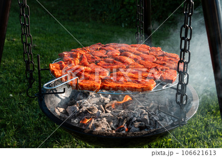 Cooking tasty meat slices at bbq grill backyard Grilling tenderloin on charcoal. steaks on the grill 106621613