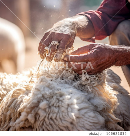 Close up of a sheep being sheared by a farmer. Close up of a sheep being sheared by a farmer. 106621853