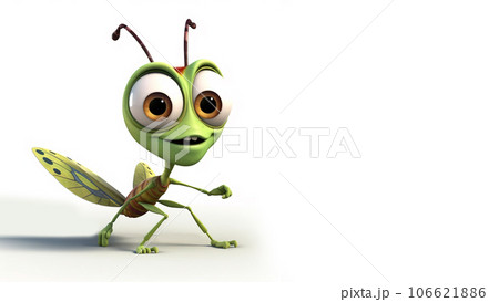 Cute grasshopper cartoon isolated on white background. Animated movie character design.  106621886