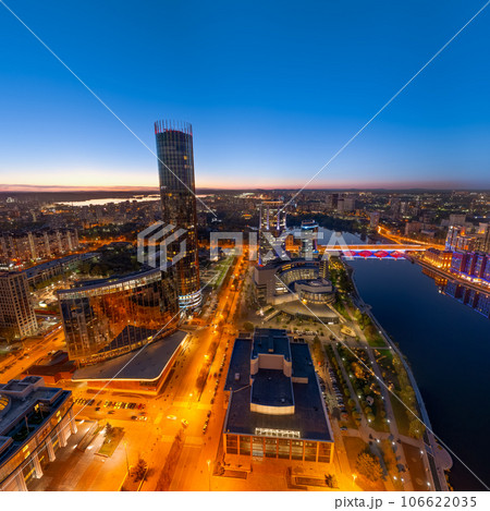 Yekaterinburg city and pond aerial panoramic view at summer or early autumn night. Night city in the early autumn or summer. 106622035