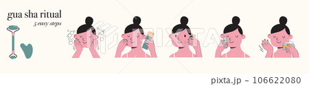 Skincare routine illustrations with cute girls. Cream, lotion, mask, eye cream and sunscreen bottles Skincare routine illustrations with cute girls. Cream, lotion, mask, eye cream and sunscreen bottles 106622080