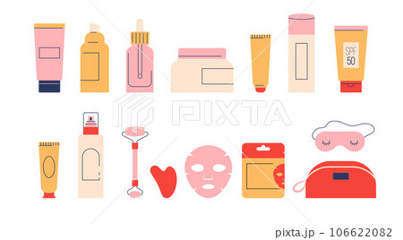 Skin Care products illustrations, skincare routine. Cream, lotion, mask, eye cream and sunscreen 106622082