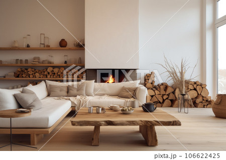 Home interior rustic design with wood elements, fireplace and firewood 106622425