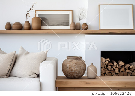 Home white interior design with wood elements, pictures and firewood 106622426
