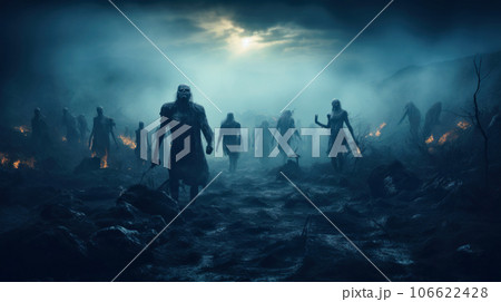 Zombies in misty forest, undead at graveyard at scary Halloween night Zombies in misty forest, undead at graveyard at scary Halloween night 106622428