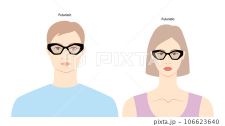 Futuristic frame glasses on women and men flat character fashion accessory illustration. Sunglass front view unisex Futuristic frame glasses on women and men flat character fashion accessory illustration. Sunglass front view unisex 106623640