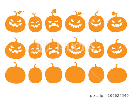 ハロウィンのイラスト素材セット、可愛いカボチャのアイコン、オレンジ色 ハロウィンのイラスト素材セット、可愛いカボチャのアイコン、オレンジ色 106624349