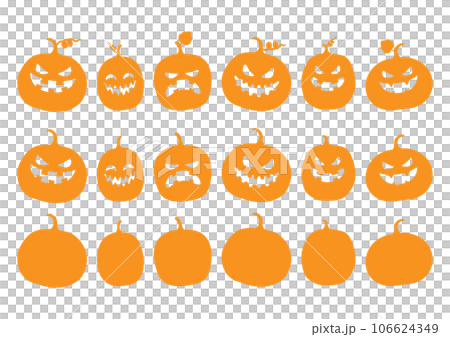 ハロウィンのイラスト素材セット、可愛いカボチャのアイコン、オレンジ色 ハロウィンのイラスト素材セット、可愛いカボチャのアイコン、オレンジ色 106624349