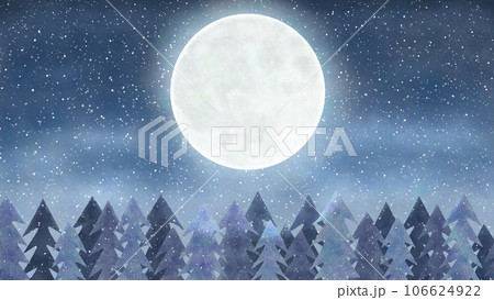 満月と雪ともみの木のおしゃれな横長背景イラスト　冬イメージ 106624922