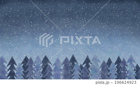 吹雪の夜ともみの木の綺麗な背景横長イラスト　クリスマスイメージ 106624923