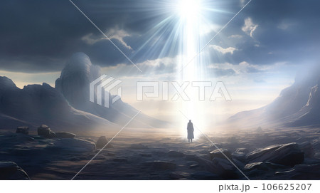 上空からの不思議な光に照らされた人物「AI生成画像」 106625207