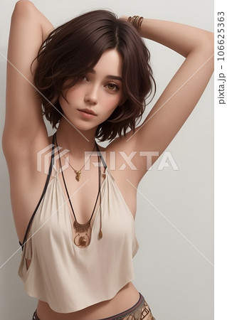 両腕上げた民族的なファッションの美しい女性 106625363