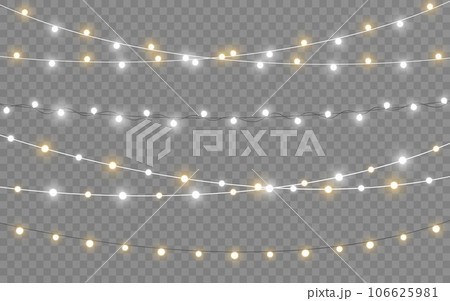 Christmas lights. Golden garlands with soft light. Glowing bulbs. Greeting card decoration. Silver lights for poster, invitation or website. Realistic holiday lamps. Vector illustration 106625981